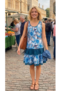 Floaty Cotton Short Bold Blue / White Flower Design Pippa Sundress / Short Shift Dress - Fair Trade