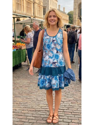 Floaty Cotton Short Bold Blue / White Flower Design Pippa Sundress / Short Shift Dress - Fair Trade