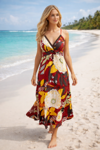 Bold Floral Patterned Red Carmen Summer Maxi Dress - Fair Trade 100% Cotton 