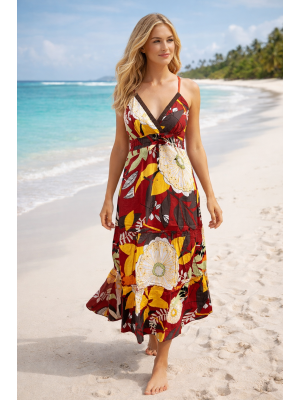 Bold Floral Patterned Red Carmen Summer Maxi Dress - Fair Trade 100% Cotton 