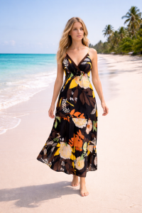 Bold Floral Patterned Dark Chocolate Brown Carmen Summer Maxi Dress - Fair Trade 100% Cotton 