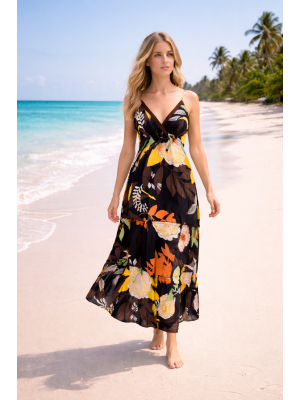Bold Floral Patterned Dark Chocolate Brown Carmen Summer Maxi Dress - Fair Trade 100% Cotton 