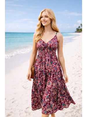 Maroon Abstract Floral Patterned Toto Short Summer Dress - Fair Trade 100% Cotton 