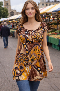 Short Brown / Yellow Shelley Bold Patterned Summer Dress / Long Top - Fair Trade Soft Cotton