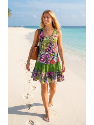 Floaty Cotton Short Bold Multicoloured Flower Design Pippa Sundress / Short Shift Dress - Fair Trade