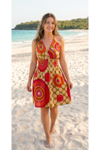 Bright Yellow / Green Colourful Dotty Short Summer Dress/Party Dress - Fair Trade 100% Cotton