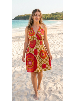 Bright Yellow / Green Colourful Dotty Short Summer Dress/Party Dress - Fair Trade 100% Cotton