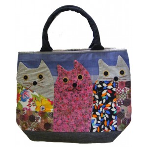 Beautiful Handmade Three Cat Applique Shoulder Bag / Hand Bag - Fair Trade