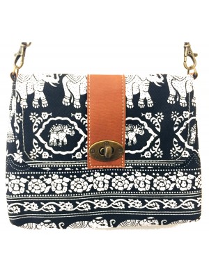 Vegan / Cruelty  Free Mini Hand Bag with detachable adjustable strap - White Elephants on Black Design - Fair Trade