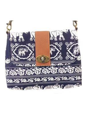 Vegan / Cruelty  Free Mini Hand Bag with detachable adjustable strap - White Elephants on Blue  Design - Fair Trade