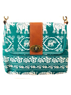 Vegan / Cruelty  Free Mini Hand Bag with detachable adjustable strap - White Elephants on Turquoise  Design - Fair Trade