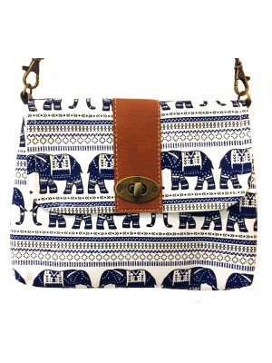 Vegan / Cruelty  Free Mini Hand Bag with detachable adjustable strap - Blue Elephants on White  Design - Fair Trade