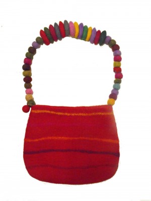 Fair Trade Hand Made Lovely Tactile Red Striped Felt Hand Bag / Shoulder Bag 