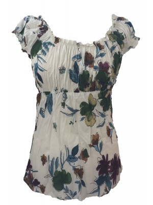 Lovely White Floaty Bold Floral Print Emily Blouse -  On the shoulder or off the Shoulder - Fair Trade 100% Cotton