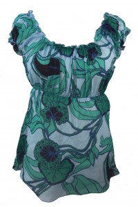 Lovely Blue / Green Floaty Bold Floral Print Emily Blouse -  On the shoulder or off the Shoulder - Fair Trade 100% Cotton