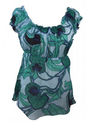 Lovely Blue / Green Floaty Bold Floral Print Emily Blouse -  On the shoulder or off the Shoulder - Fair Trade 100% Cotton