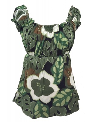 Lovely Green/ White Floaty Bold Floral Print Emily Blouse -  On the shoulder or off the Shoulder - Fair Trade 100% Cotton