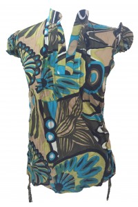 Bold Geometric Print Blue / Green  Lucinda Blouse featuring Mandarin Collar -  Perfect for Work or Going Out- Fair Trade 100% Cotton