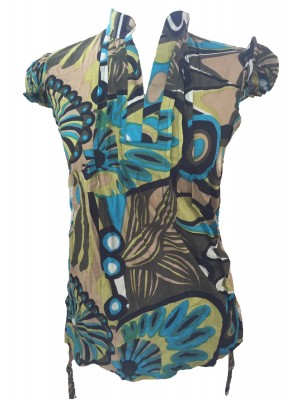 Bold Geometric Print Blue / Green  Lucinda Blouse featuring Mandarin Collar -  Perfect for Work or Going Out- Fair Trade 100% Cotton