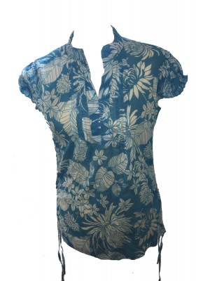 Bold Tropical Print Blue White Lucinda Blouse featuring Mandarin Collar -  Perfect for Work or Going Out- Fair Trade 100% Cotton