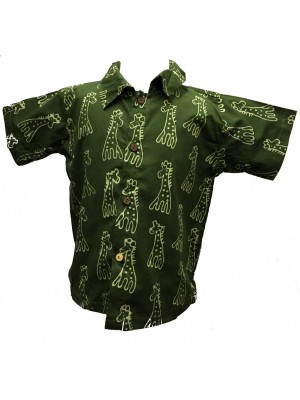 Boys Dark Green Classic Giraffe Design Short Sleeve Shirt Ages 1 - 5 - Fair Trade