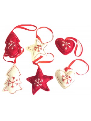 Fair Trade Felt Red & White Christmas Tree Decorations - Set of 6 Fair Trade Felt Red & White Christmas Tree Decorations - Set of 6