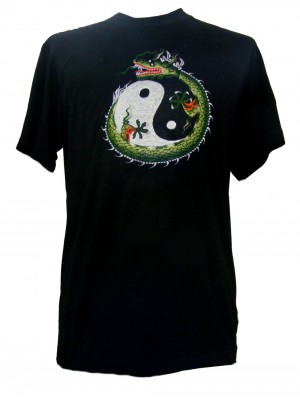 Fair Trade Embroidered Green Chinese Dragon with Yin Yang T Shirt Fair Trade Embroidered Green Chinese Dragon with Yin Yang T Shirt