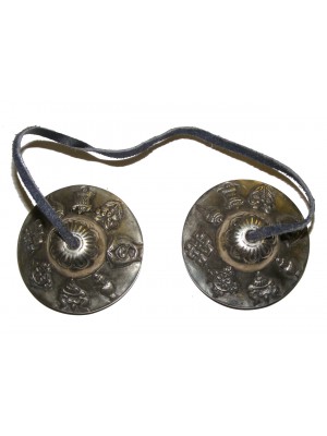 Eight Auspicious Signs Tibetan Buddhist Tingsha ( Buddhist cymbals) with satin carry bag  - Fair Trade 