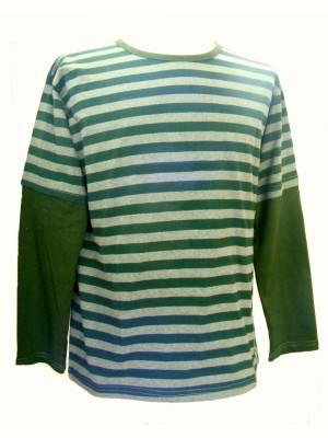 Fair Trade 100% Cotton Classic Stripey Green / Grey Mens Long Sleeve T Shirt