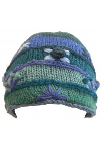 Shades of Blue Hand Embroidered Hand Knit Wool Beanie Hat - Fair Trade - Fleece Lined Toasty Warm