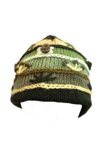 Shades of Green Hand Embroidered Hand Knit Wool Beanie Hat - Fair Trade - Fleece Lined Toasty Warm