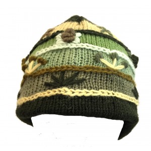 Shades of Green Hand Embroidered Hand Knit Wool Beanie Hat - Fair Trade - Fleece Lined Toasty Warm