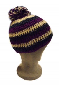 Purple, White & Blue Striped Bobble Hat - Fleece lined for extra warmth and comfort - Hand Knitted