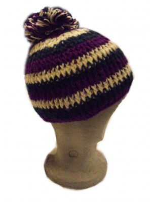 Purple, White & Blue Striped Bobble Hat - Fleece lined for extra warmth and comfort - Hand Knitted Purple, White & Blue Striped Bobble Hat - Fleece lined for extra warmth and comfort - Hand Knitted