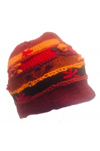Shades of Red Hand Embroidered Hand Knit Wool Beanie Hat - Fair Trade - Fleece Lined Toasty Warm