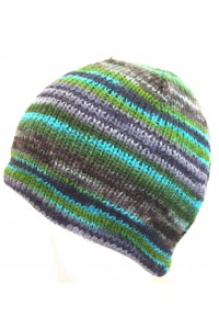 Blue Green Stripey Hand Knit Wool Beanie Hat - Fair Trade - Toasty Warm