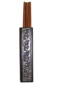 Teak wood chopstcks in elephant decorative hammered metal chopstick holder - 2 pairs