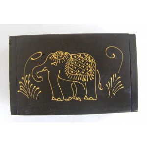 Teak Box with Hand Drawn Golden Elephant Design - Fair Trade