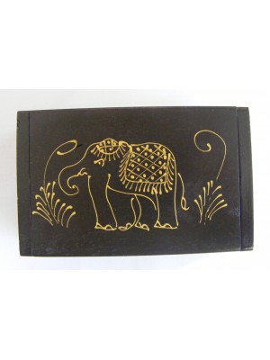 Teak Box with Hand Drawn Golden Elephant Design - Fair Trade