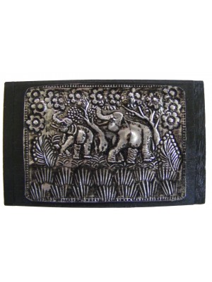 Teak Box with Hammered Metal Lid with Elephant Design - Fair Trade