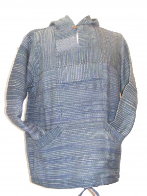 Handspun Cotton Nepalese Baja Jerga Style Hoodie - Blue / Green Stripes - Fair Trade
