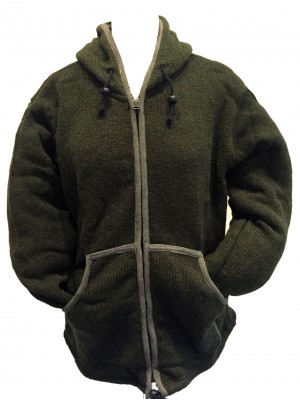 Fair Trade Forest Green Hand Knit Fleece Lined Woollen Jacket 