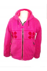 Fleece Lined Dark Pink Daisy Handknitted Woollen Jacket - Fair Trade