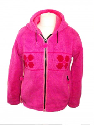 Fleece Lined Dark Pink Daisy Handknitted Woollen Jacket - Fair Trade
