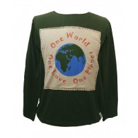 Fair Trade 100% Cotton Green One World One Love One Planet Long Sleeve T Shirt