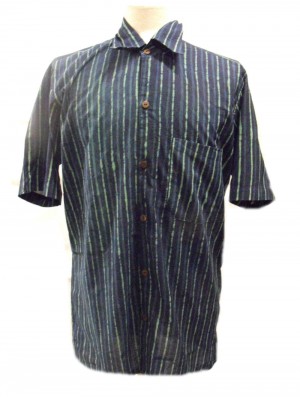 Blue / Green Striped Blockprint Cotton Mens Short Sleeve Shirt - Fair Trade Blue / Green Striped Blockprint Cotton Mens Short Sleeve Shirt - Fair Trade