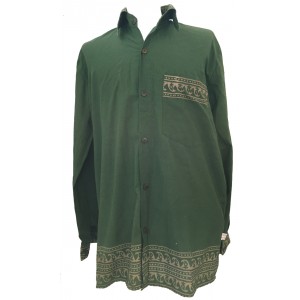 Green Traditional Blockprint Cotton Mens Long Sleeve Shirt - Fair Trade