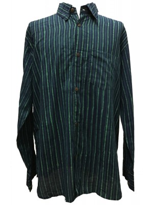 Blue / Green Striped Blockprint Cotton Mens Long Sleeve Shirt - Fair Trade Blue / Green Striped Blockprint Cotton Mens Long Sleeve Shirt - Fair Trade