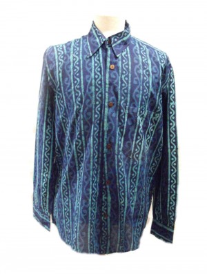 Blue Turquoise Wavy Blockprint Cotton Mens Long Sleeve Shirt - Fair Trade Blue Turquoise Wavy Blockprint Cotton Mens Long Sleeve Shirt - Fair Trade