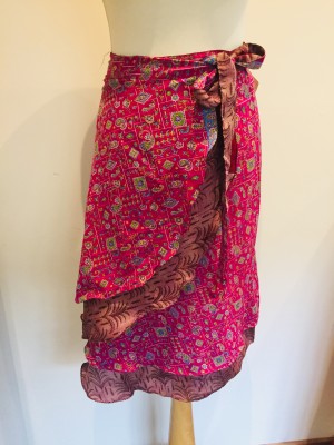 Fair Trade Short Sari Silk Reversible Tiered Wrap Skirt - Feminine Hot Pink Design Fair Trade Short Sari Silk Reversible Tiered Wrap Skirt - Feminine Hot Pink Design